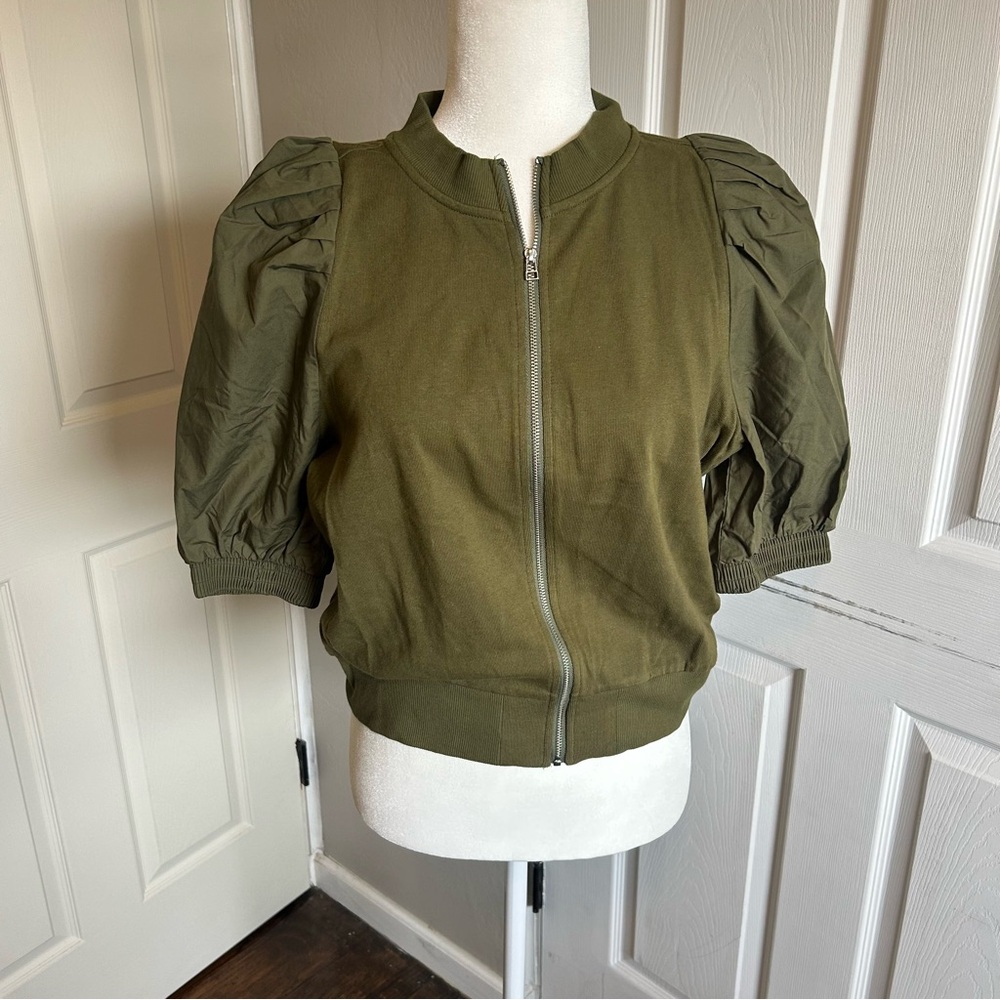 Maeve Anthropologie Olive green Puff Sleeve bomber Jacket top NEW - Picture 4 of 7
